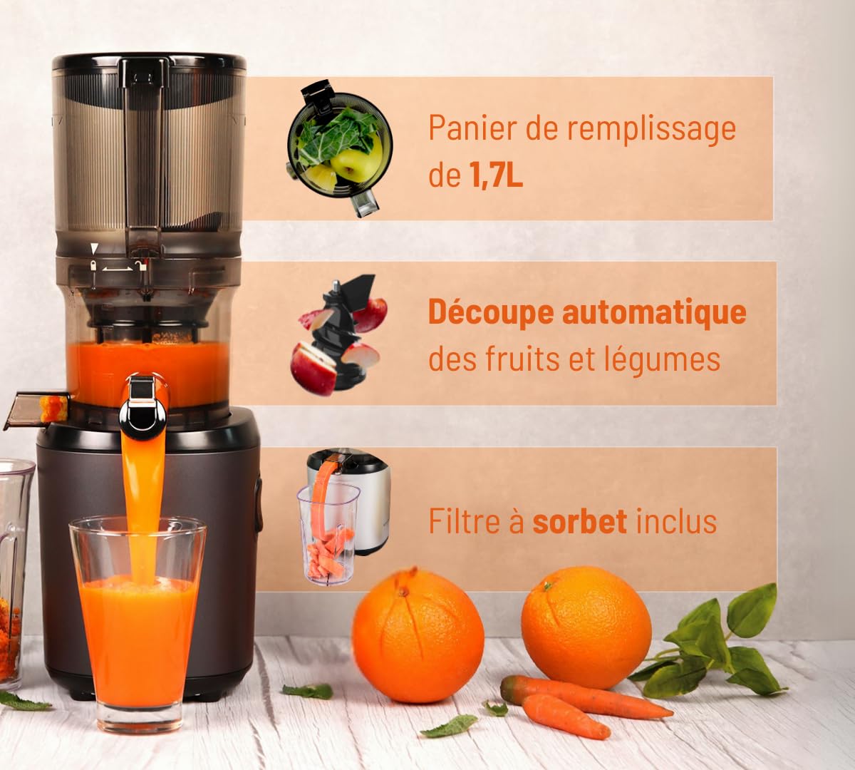 Kuvings Slow Juicer AUTO6 | Entsafter Gemüse und Obst, Elektrische Kaltpresse, Ruhiger Motor, Leicht zu Reinigen, Saft & Sorbet, 1.7L, BPA Frei, Schlankes Design, 200 Watt (Matt Navy)_KHS-650SE