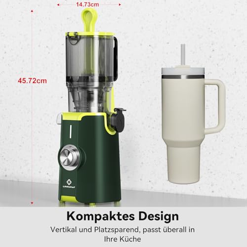 LINKChef Schnellreinigungs Entsafter, NO-Prep Entsafter Gemüse und Obst, Blitzreiniger Saftpresse Slow Juicer Testsieger mit Einfacher Installation, BPA Frei, 115mm, 1.2L, 200w Grün