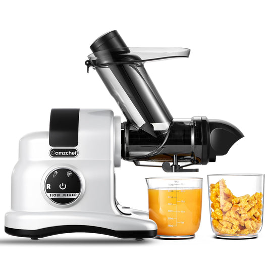 AMZCHEF Entsafter Slow Juicer mit 2-Gang & Rücklauf -80MM Große Öffnung Entsafter Gemüse und Obst Testsieger-Saftpresse Elektrisch mit 150W Slience Motor <60dB, BPA-frei - Weiß